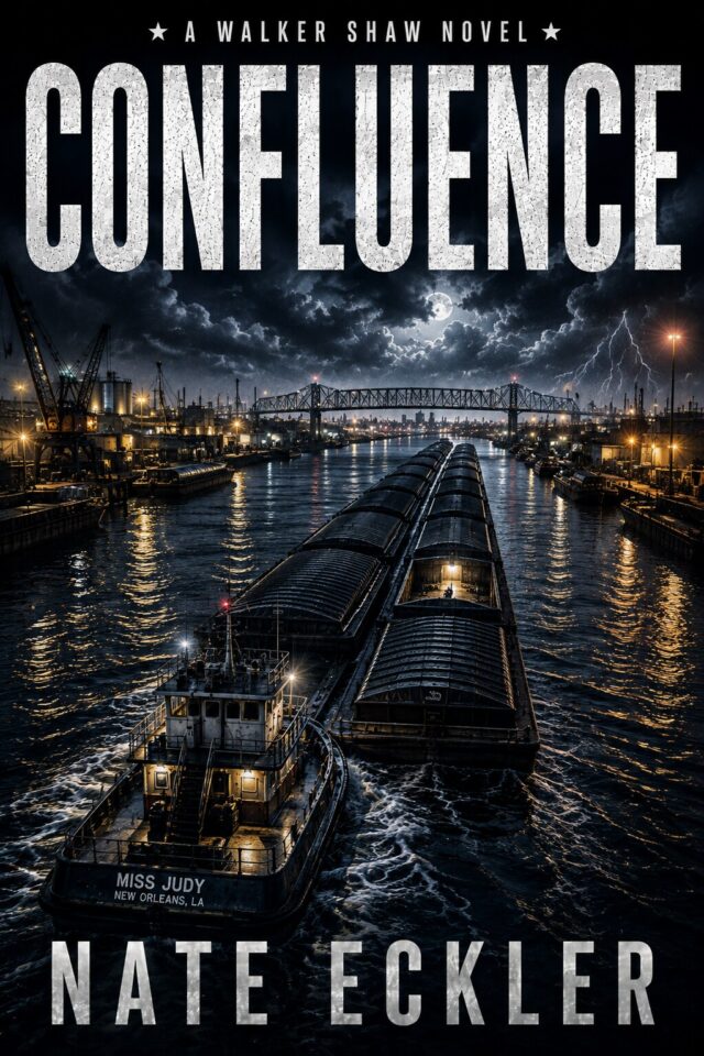 Cover art for the novel Confluence: a towboat pushing barges up a lit industrial river at night, cranes and a lift bridge beyond