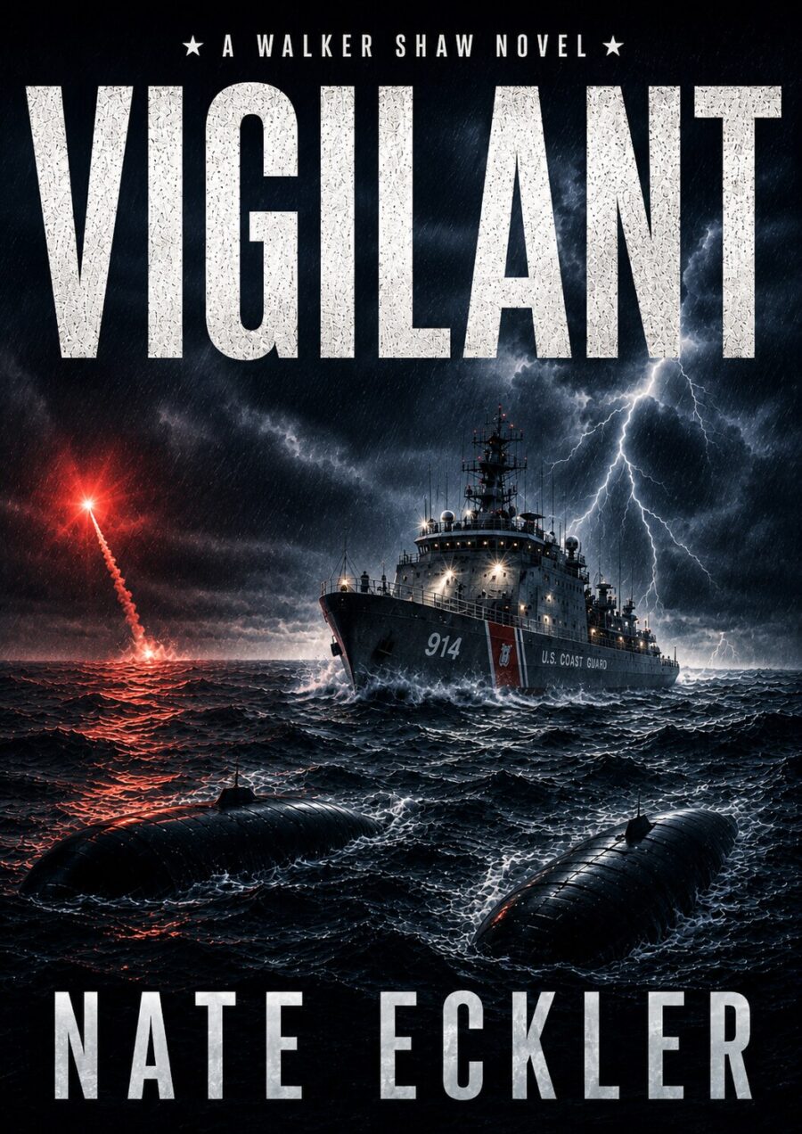 Cover art for the novel Vigilant: a Coast Guard cutter driving through a night storm, two submarines surfacing ahead of her, a red flare falling overhead