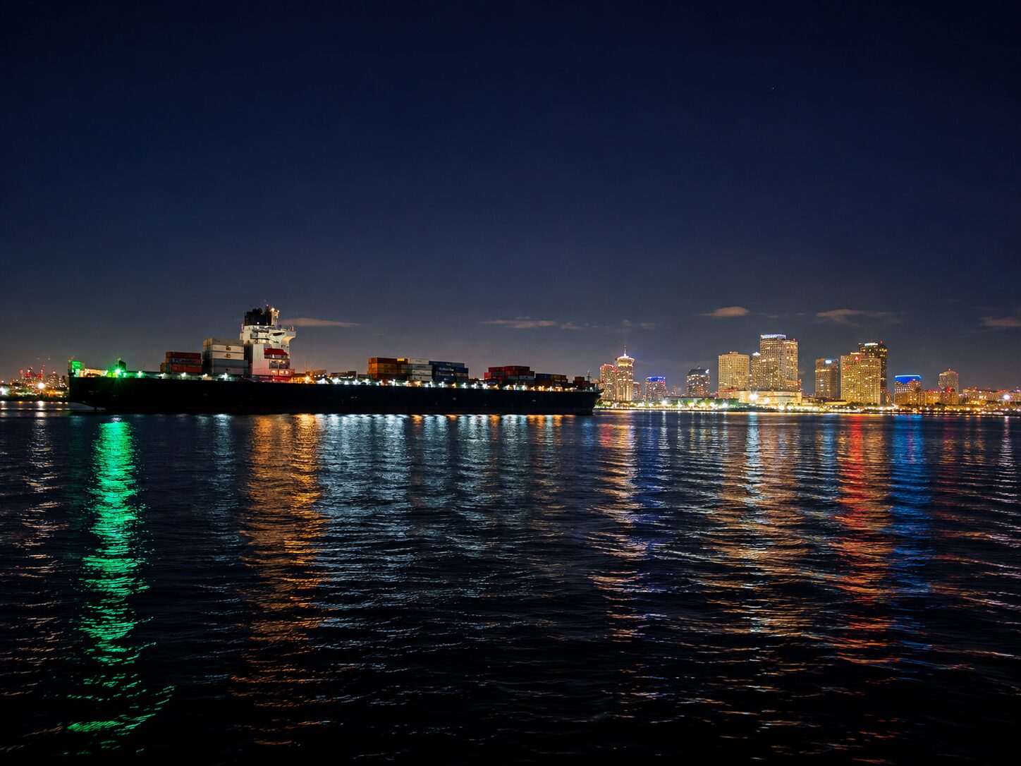 A container ship passing the lit New Orleans skyline at night, her green starboard sidelight streaming across the black water of the Mississippi