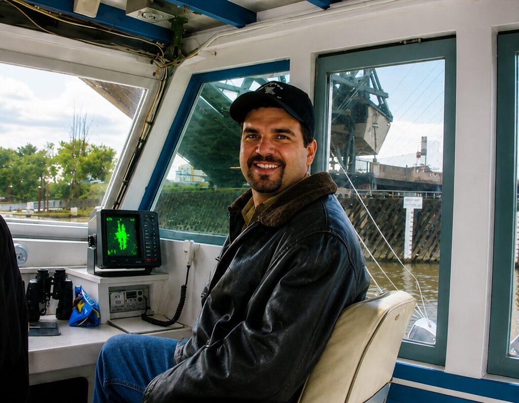 Nate Eckler seated at the helm of a 63-foot crash rescue boat, a green radar display and binoculars beside him, a shipyard and a vessel up on the ways through the windows