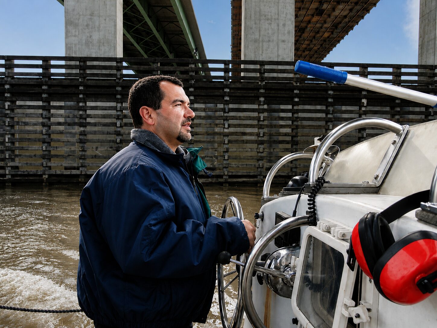 Nate Eckler at the helm of Coast Guard 30-foot Surf Rescue Boat 30606, underway on a river