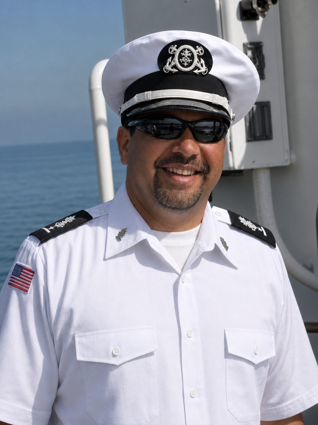 Nate Eckler in dress whites and a peaked cap aboard ship, open water behind him