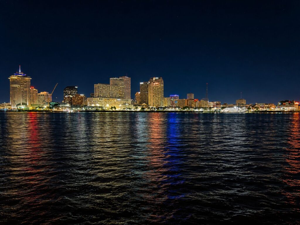 The New Orleans skyline at night seen from across the river on the Algiers side, city lights laid in gold, red and blue across the black water, with a sternwheeler moored at the foot of the city
