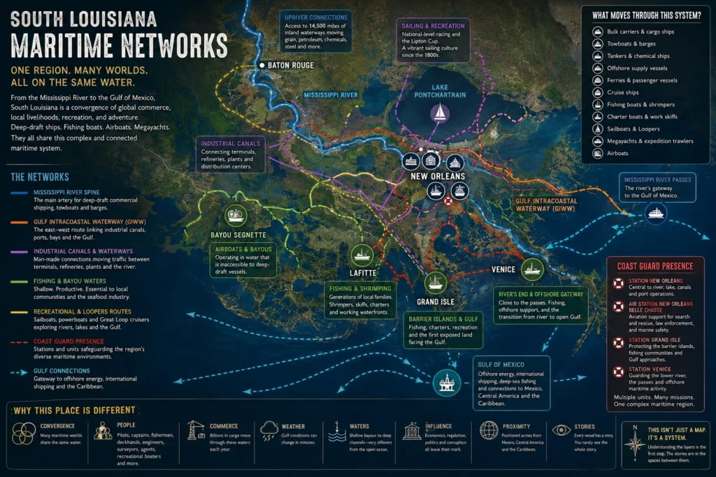 Infographic map titled South Louisiana Maritime Networks, showing the Mississippi River spine, the Gulf Intracoastal Waterway, industrial canals, fishing and bayou waters, recreational and Looper routes, Coast Guard stations and Gulf connections between Baton Rouge, New Orleans, Bayou Segnette, Lafitte, Grand Isle and Venice