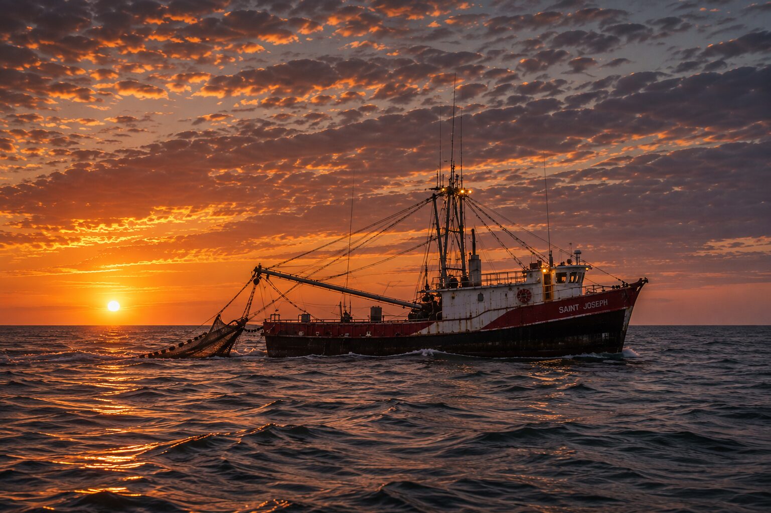 The fishing trawler Saint Joseph working with her nets out at sunrise on open water