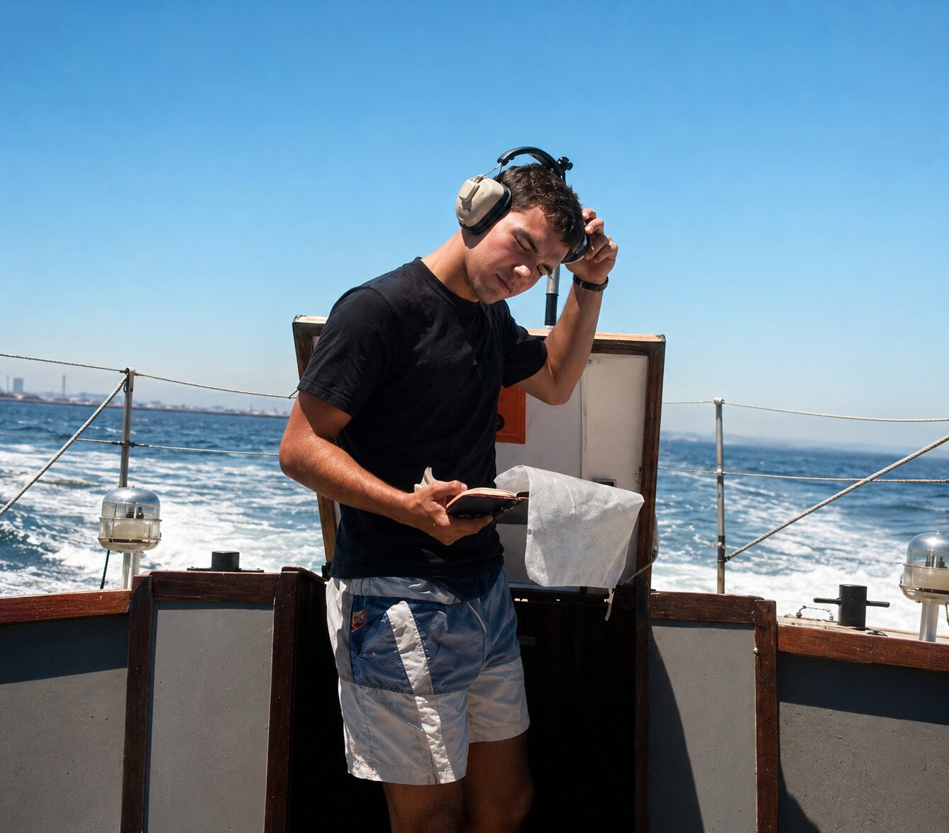 A young Nate Eckler coming up from the machinery space with an engine room log book, ear defenders pushed back, under way offshore